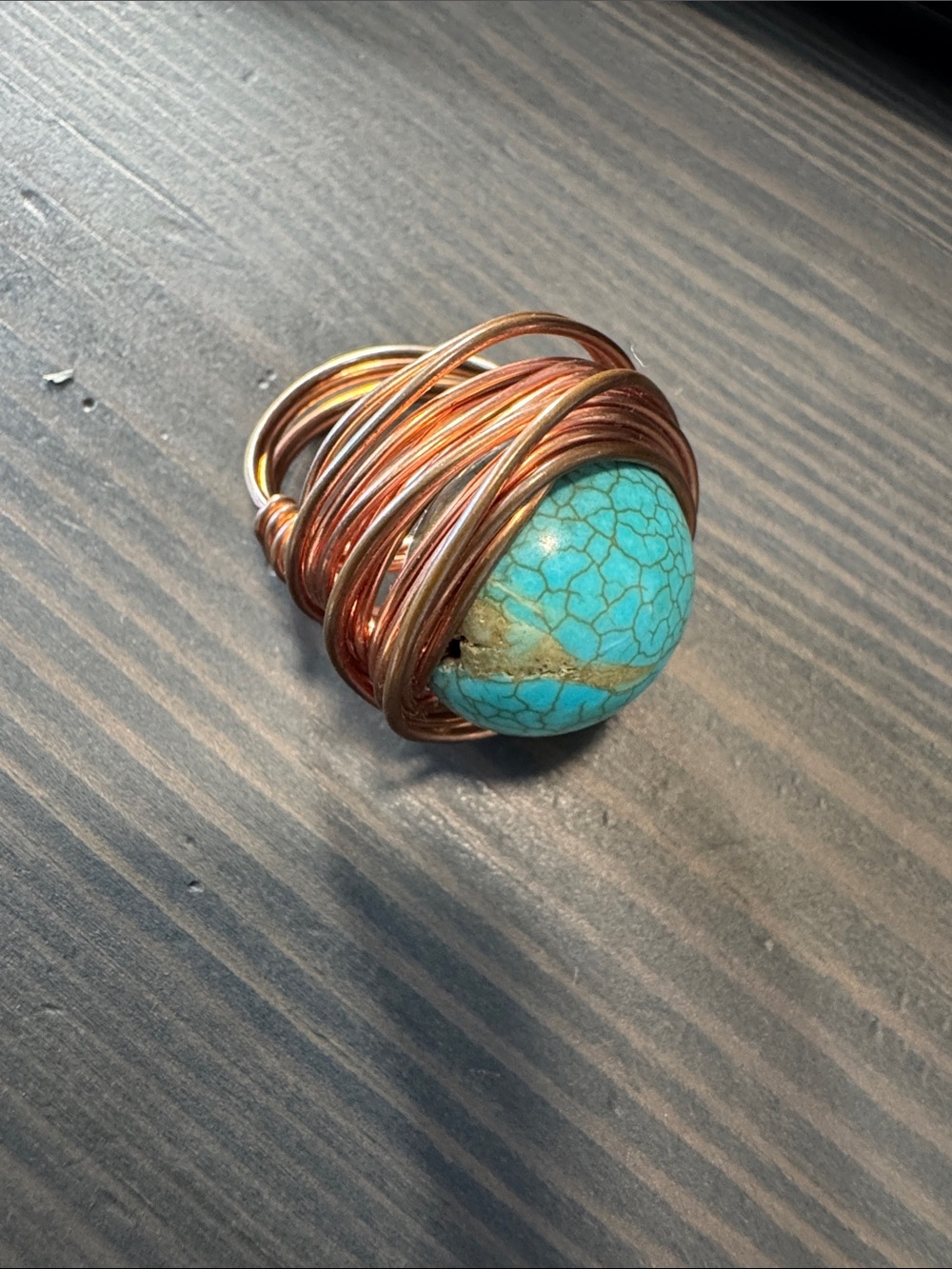 Blue Howlite Copper Wire Wrapped Statement Ring sz 7